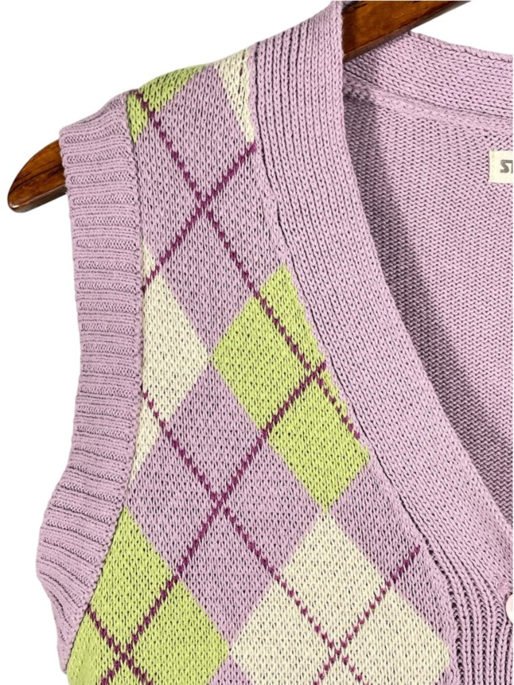 STR Argyle Button Front Sweater Vest Lavender Green Preppy Y2K S Made Turkey - Picture 4 of 9